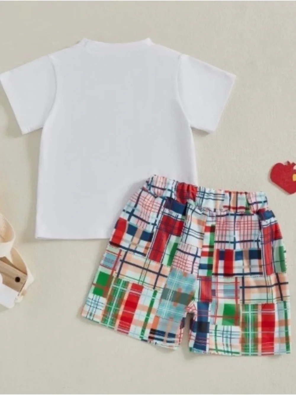 White Kids Pajama Set with Colorful Train and Plaid Shorts